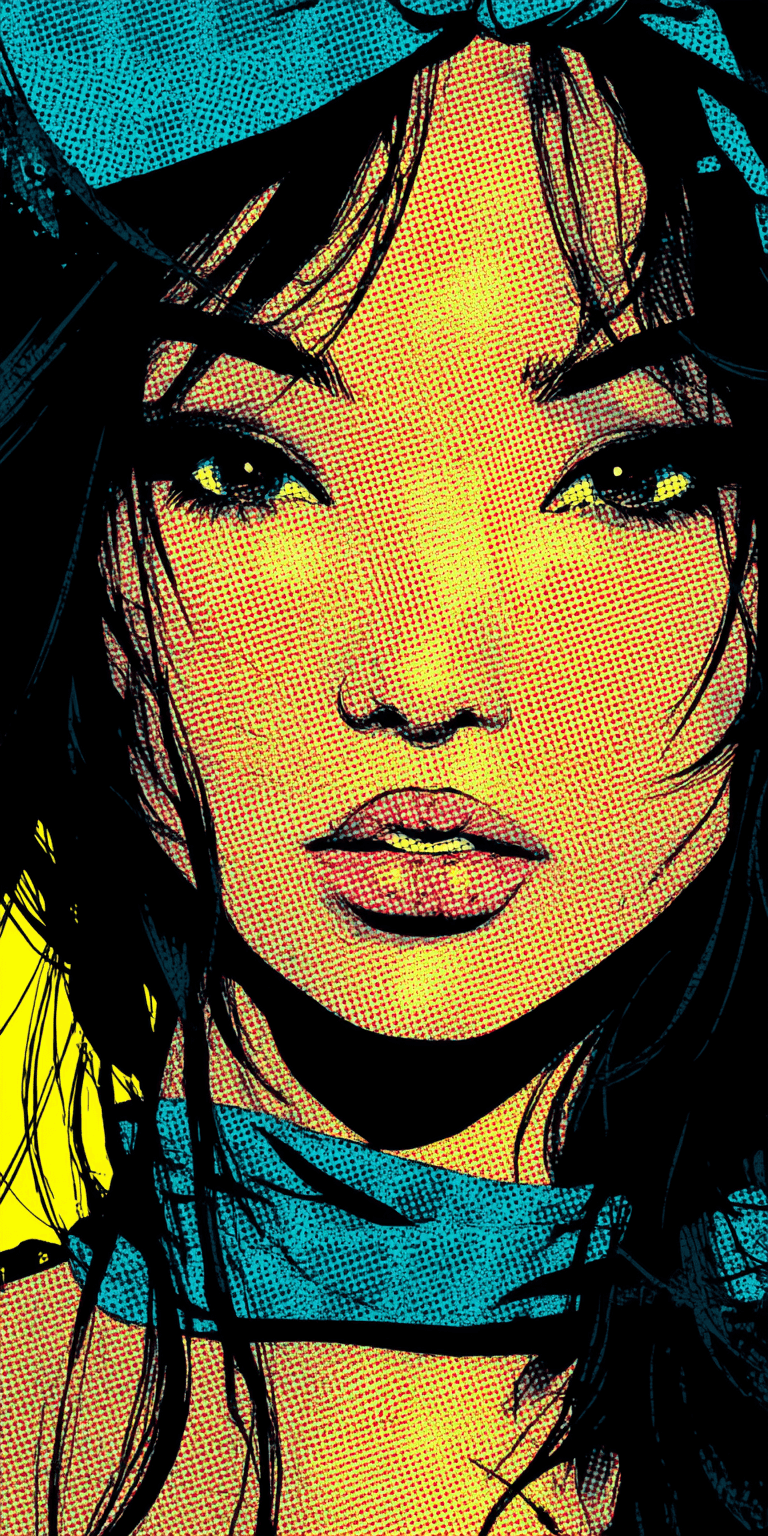 AI generated: woman's face, in the style of pop art --chaos 75 --ar 1:2 --profile e525pbl --stylize 750 --v 7
