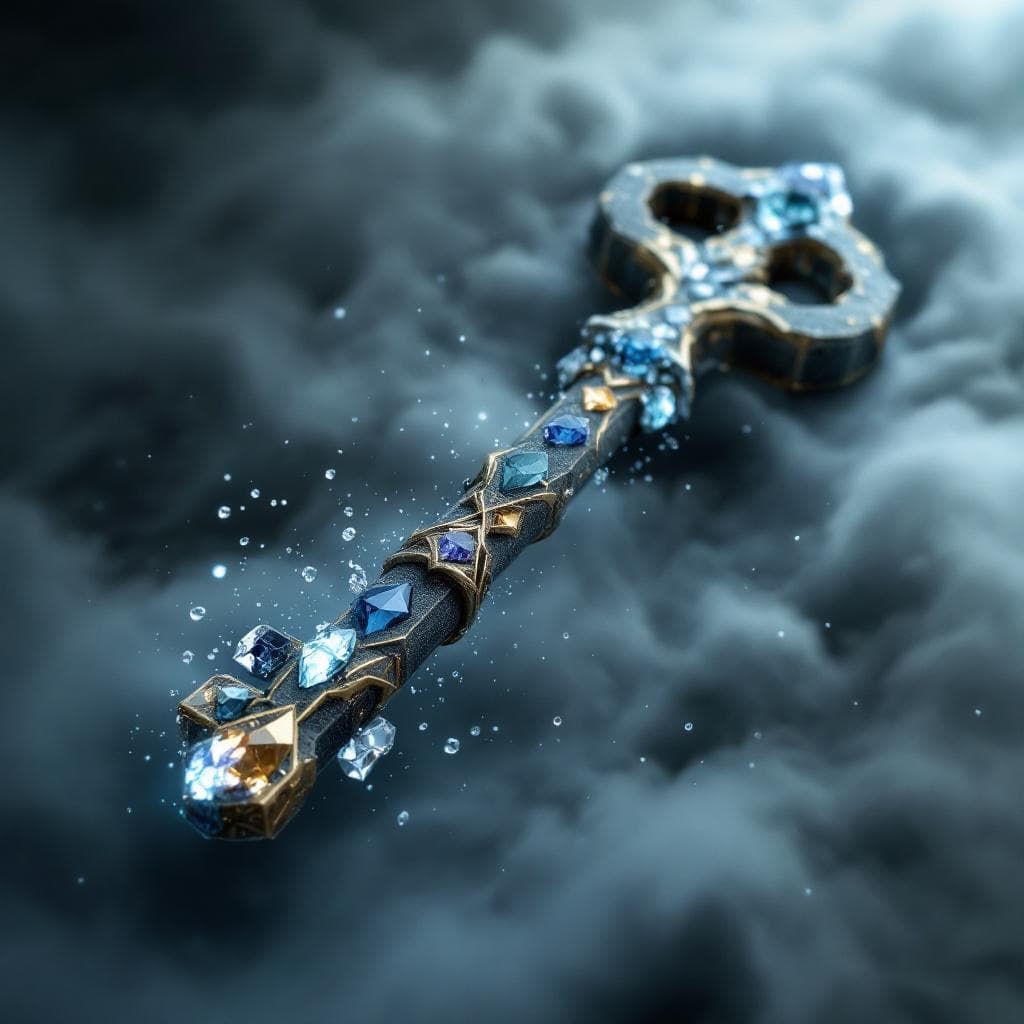 AI generated: Create a key made of stone with metal and crystal at the hilt and the teeth of the key are made out ...