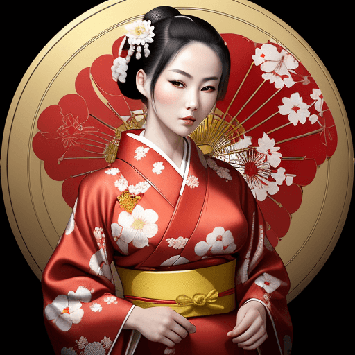 AI generated: Masterpiece, 4K, beautiful, kimono, red, white flower pattern, silk kimono, shiny kimono, red kimono...