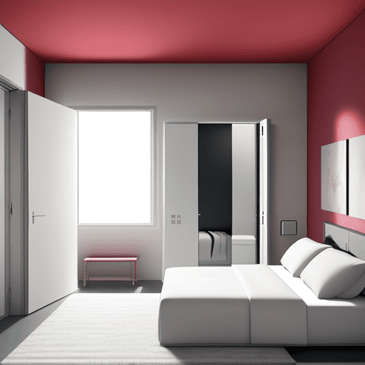 AI generated: A modern interior design bedroom, square room with side 3m, double bed, workspace, wardrobe, 2 doors...