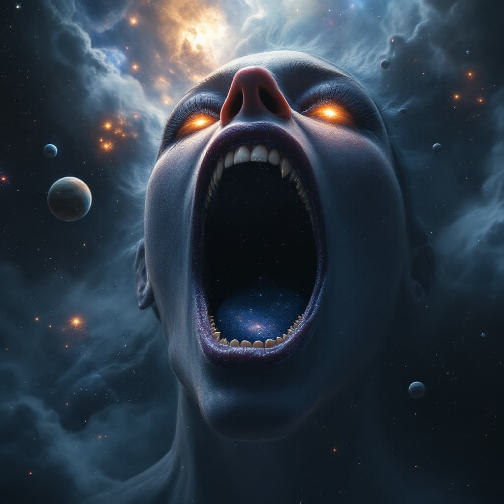 AI generated: enormous giantess bigger than a galaxy floating in space, minuscule galaxy in front of her mouth, ex...