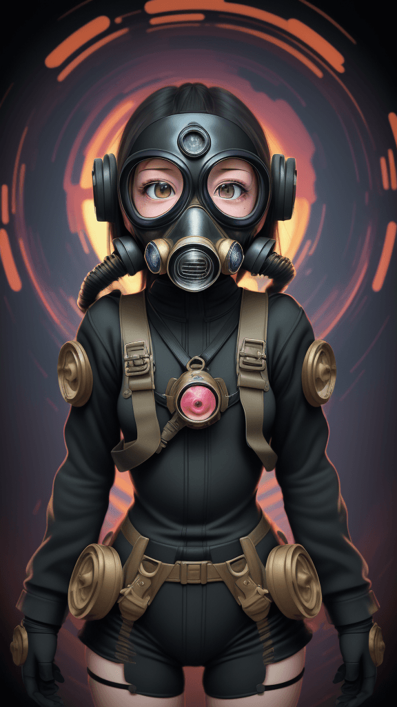 AI generated: complex background portrait of little 
infrahuman woman. Wearing a gas mask. Prominent eyes, complex...