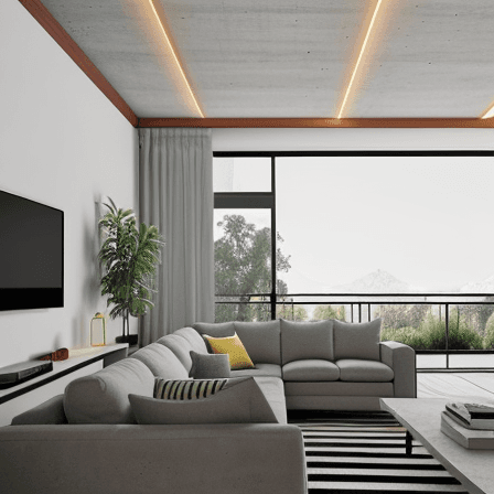 AI generated: Celing concrete colour taupet,modern living room,4k quality,archviz render,the view is behing the co...