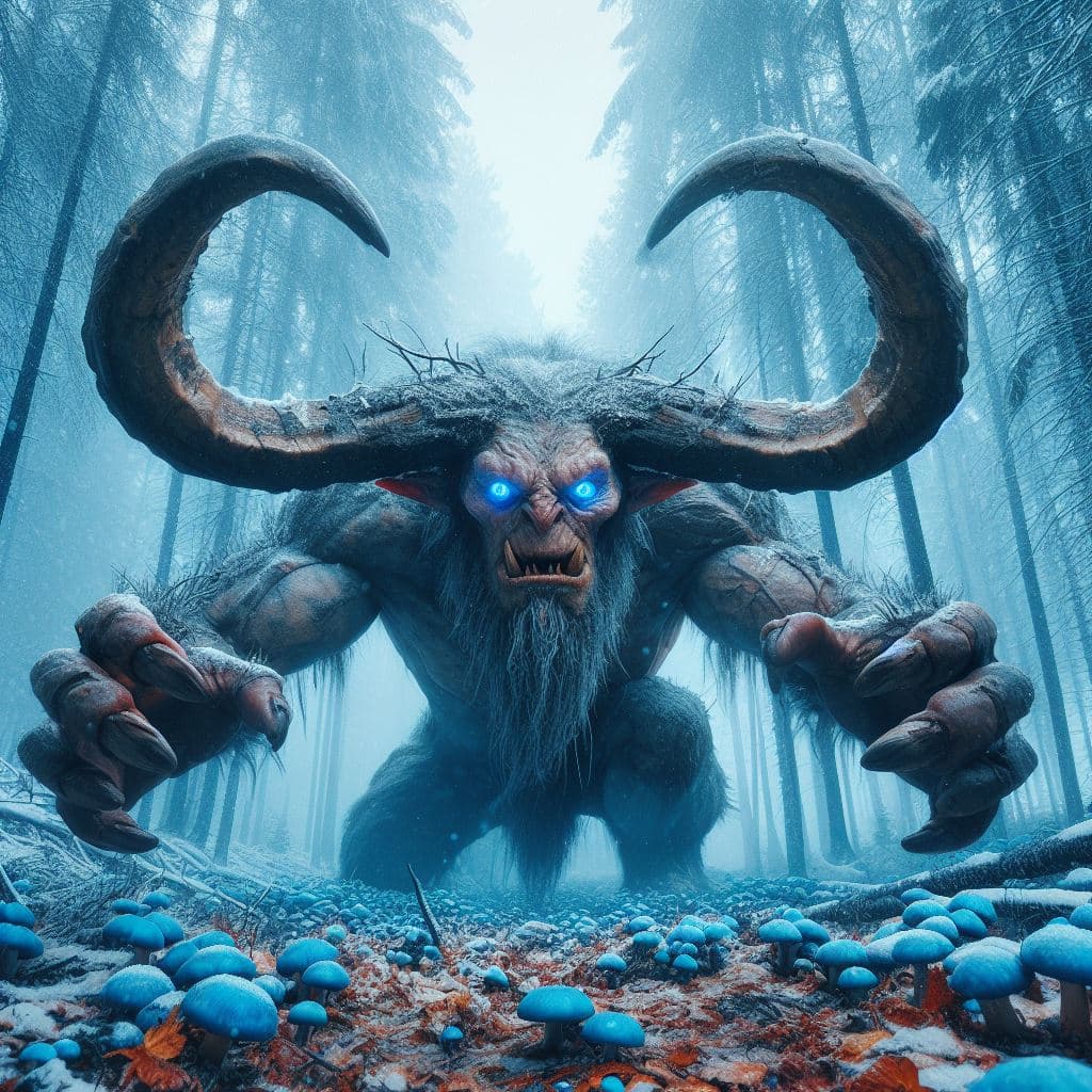 AI generated: scary horned ogre, 20 meter tall, full body, blue eyes, frozen taiga forest with blue mushrooms on t...