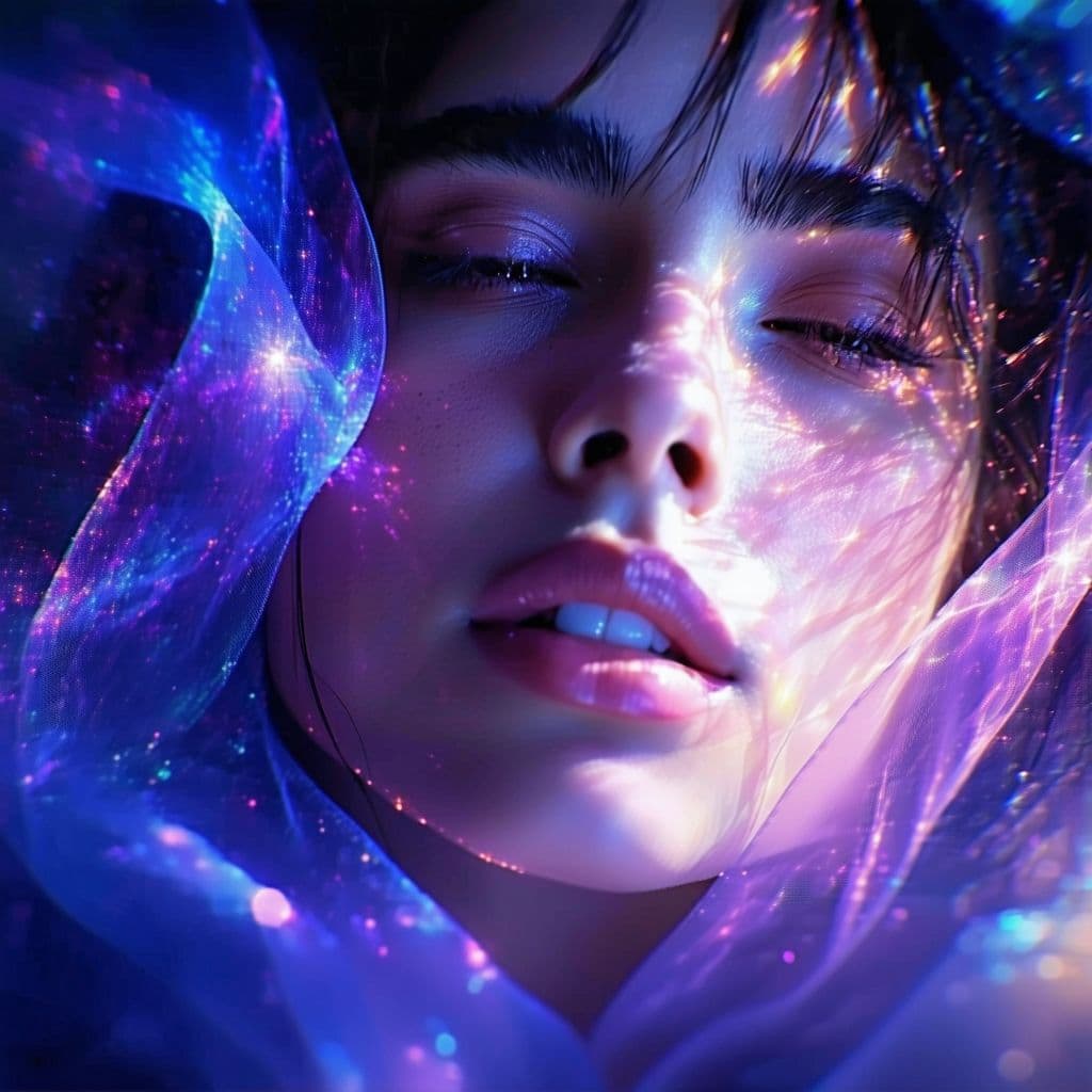 AI generated: Close-up of a serene, expressive face with dreamy eyes looking into the distance, surrounded by glow...