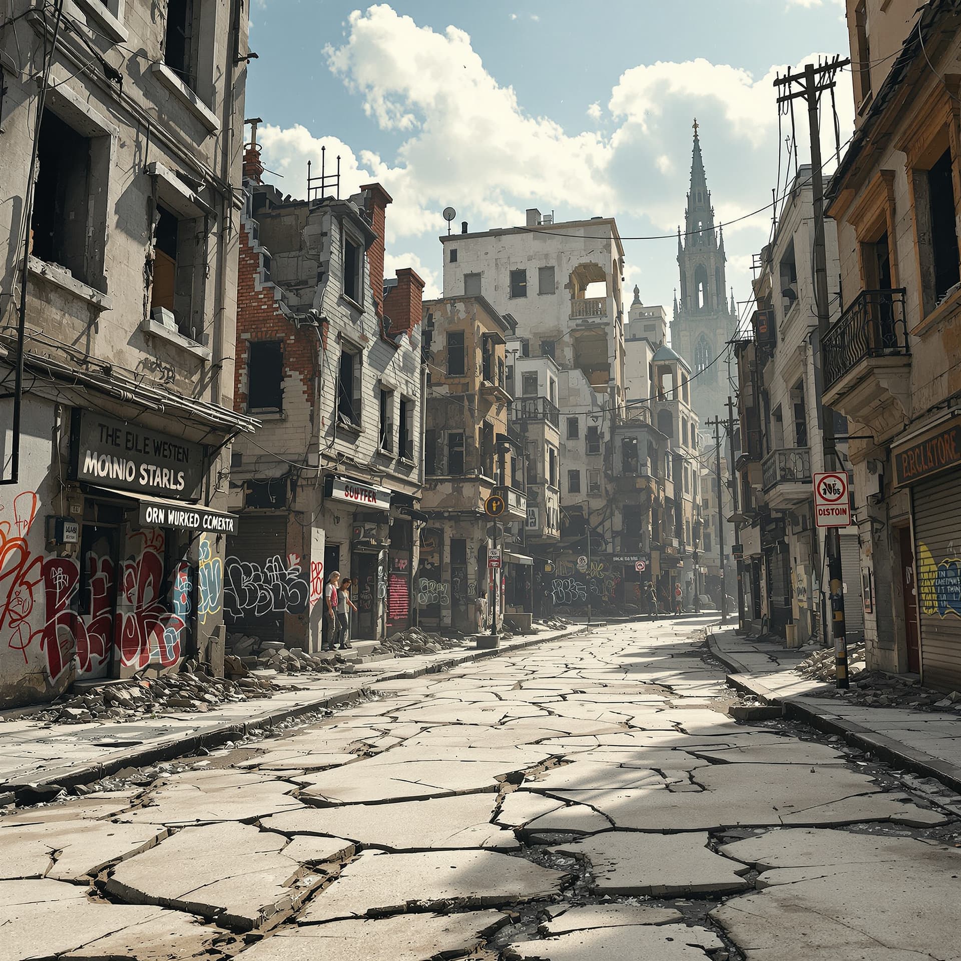 AI generated: 3D illustration of deserted destroyed urban ghetto buildings with graffiti, cracked streets, no peop...
