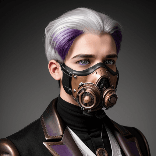 AI generated: steampunk man, white hair combed back, the right half of the face is black and purple, eyes of diffe...