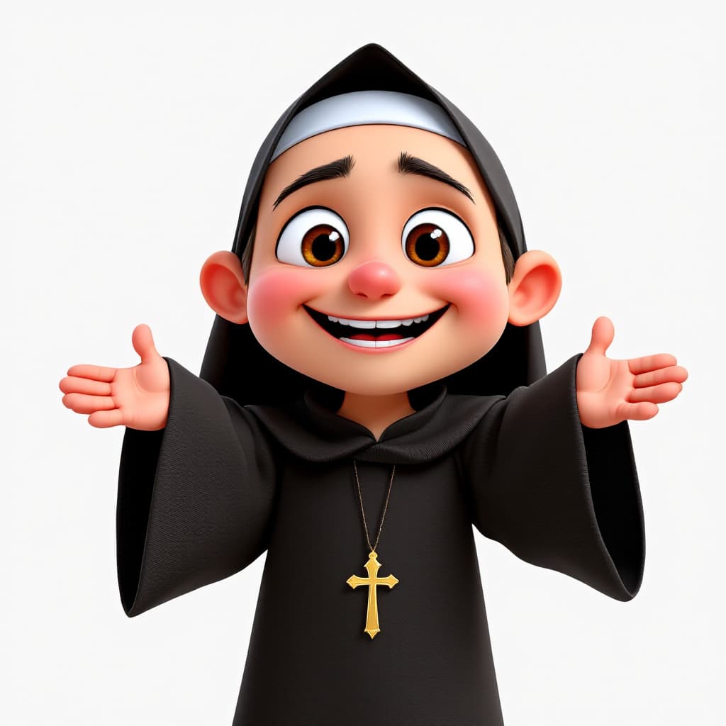 AI generated: A cute monk is greeting me, Pixar style, wearing cassock, big smile, white background --ar 1:2 --per...