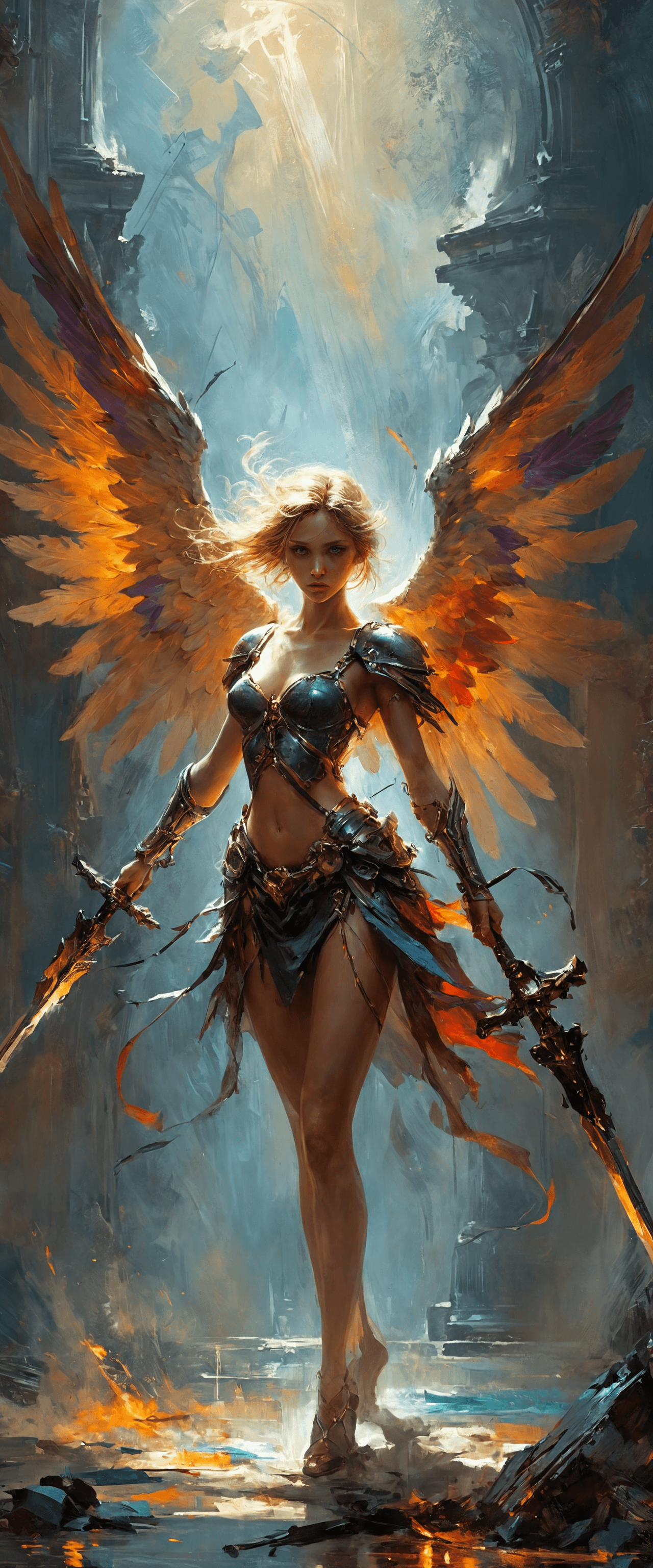 AI generated: Impressionist painting an image meant for the 9:21 aspect ratio, mechanical angel, dark atmosphere, ...