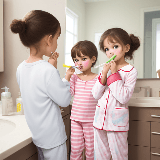AI generated: illustration, best quality, three and five year old siblings in pajamas brushing their teeth, pureer...
