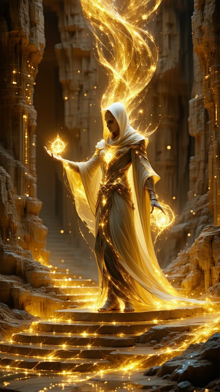 AI generated: A luminous golden guardian, their form woven from celestial silk and cosmic energy, stands atop a le...