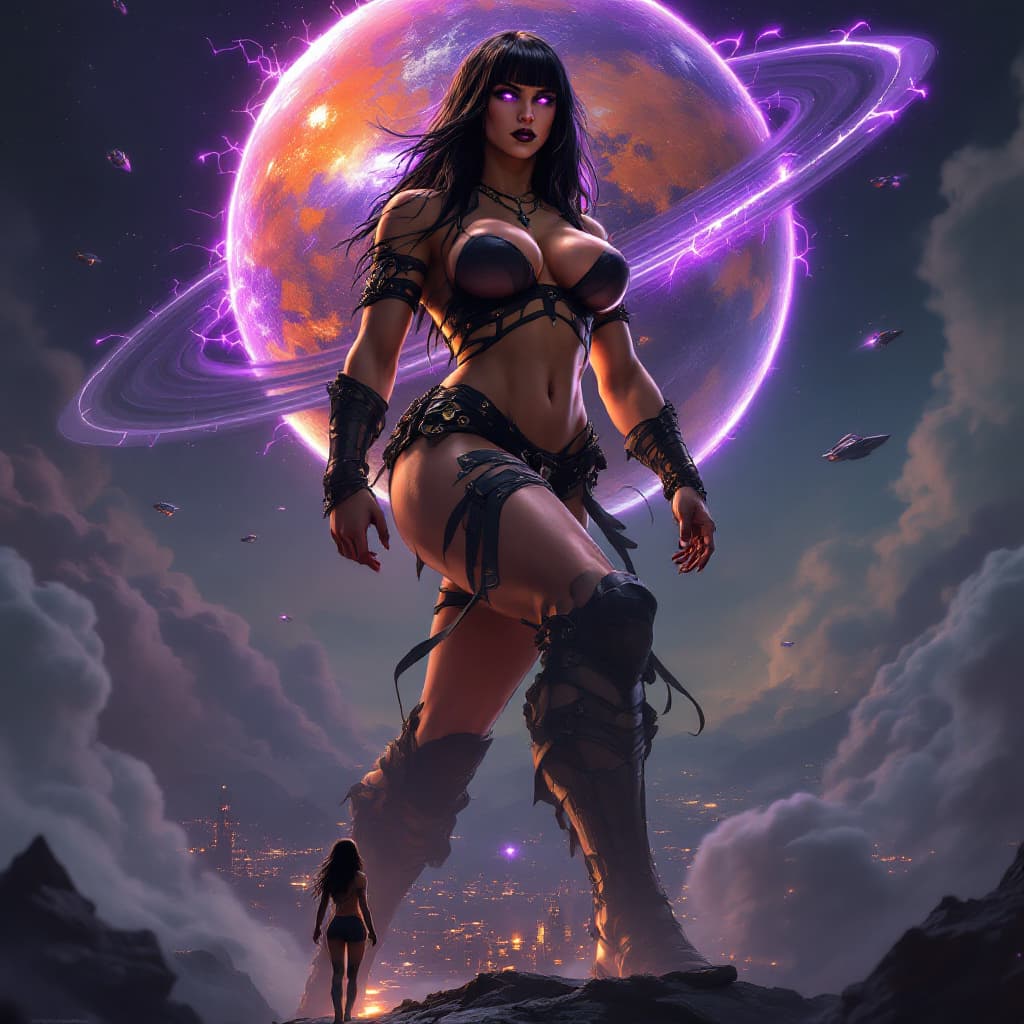 AI generated: truly enormous giantess female Rhea Ripley from WWE with black medium length hair and straight bangs...