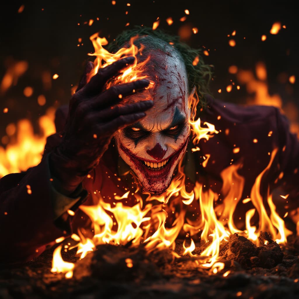 AI generated: a realistic shot of the Joker on fire with his skin falling 
off his bones 