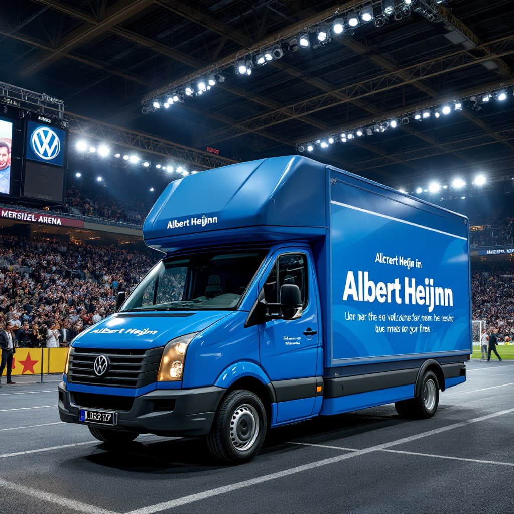 AI generated: Volkswagen Crafter box truck in blue colors Albert Heijn along the side, shown on a scorebord inside...