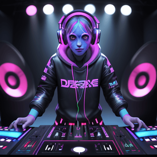 AI generated:  dressed as DJ, DJ headphones, ((rave dance party)), ((DJ-booth)), mixing music, DJ console, DJ gear...