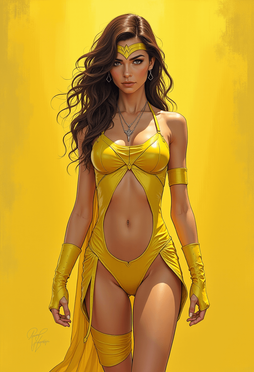 AI generated: a masterpiece, supergirl/wonderwoman from dc comic wearing alternate yellow costume, coy and allurin...