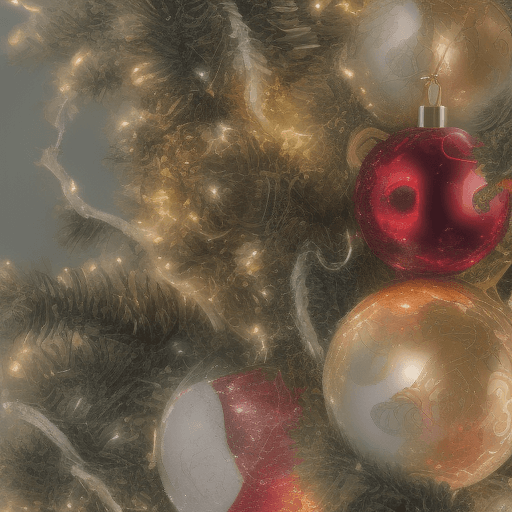 AI generated: red and gold Christmas balls and stars on tree backgroud