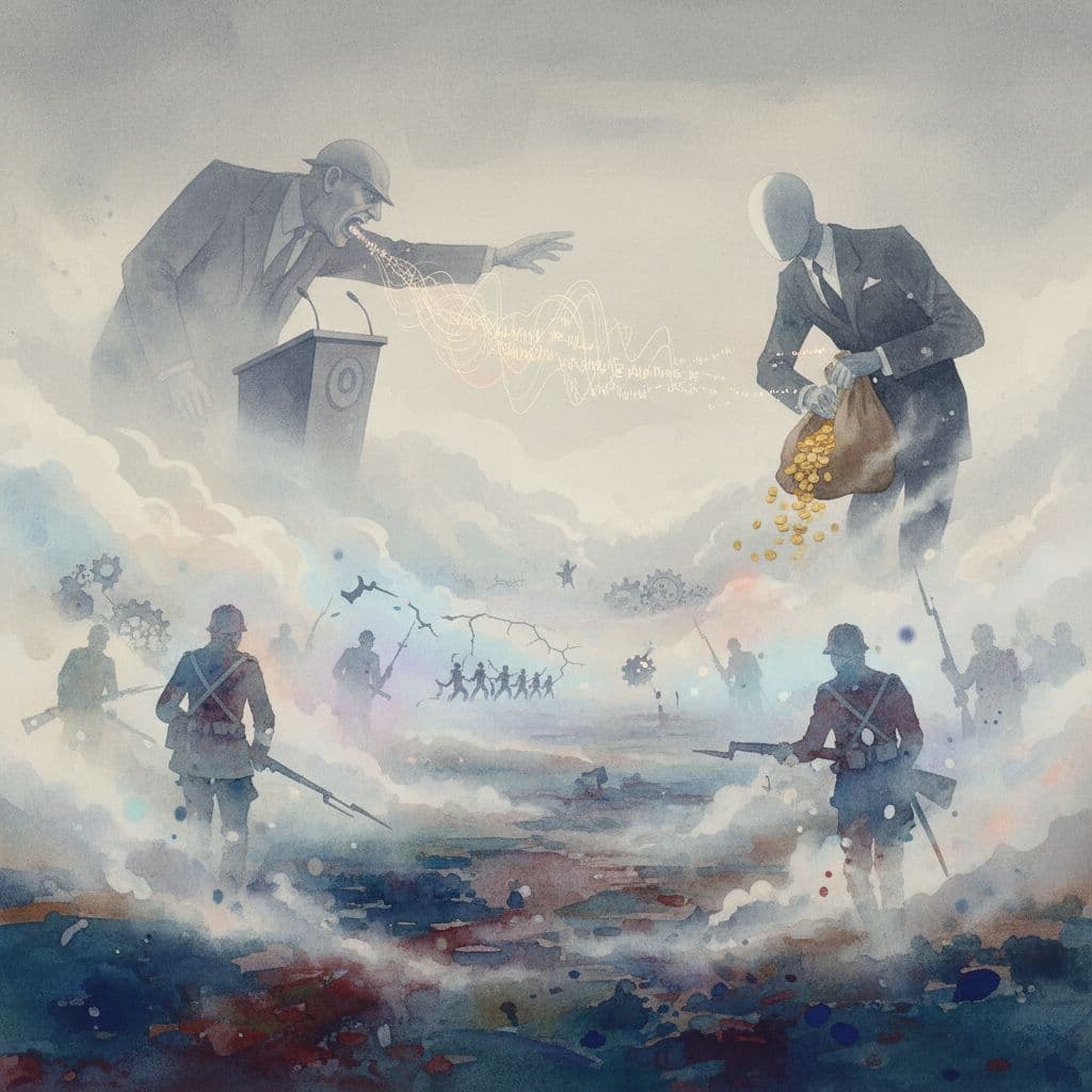AI generated: A surreal, dreamlike battlefield shrouded in mist and fog, ghostly soldiers fading into the haze, in...