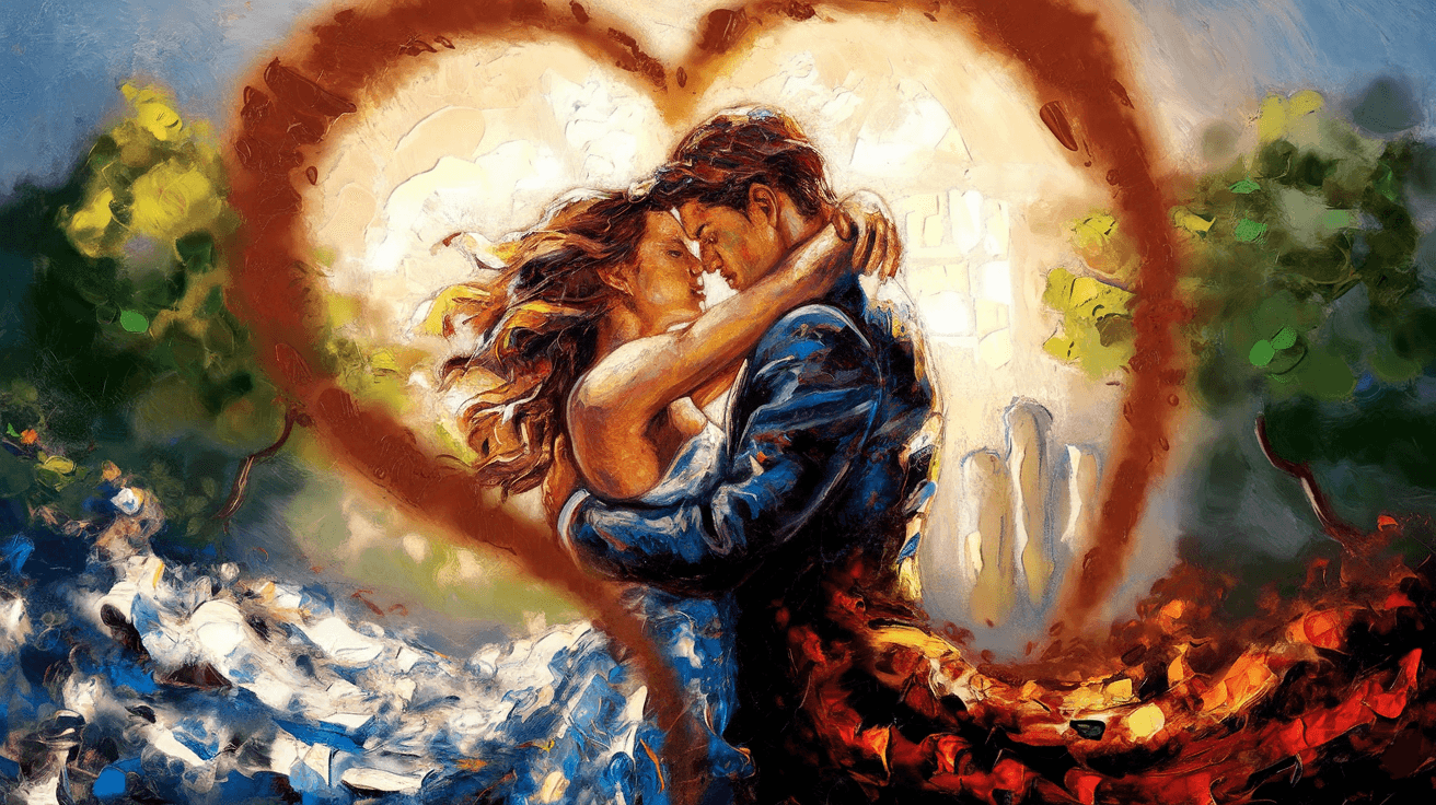 AI generated: Two lovers locked in a fervent embrace, their shadows bathed in a soft, golden light, forming a hear...
