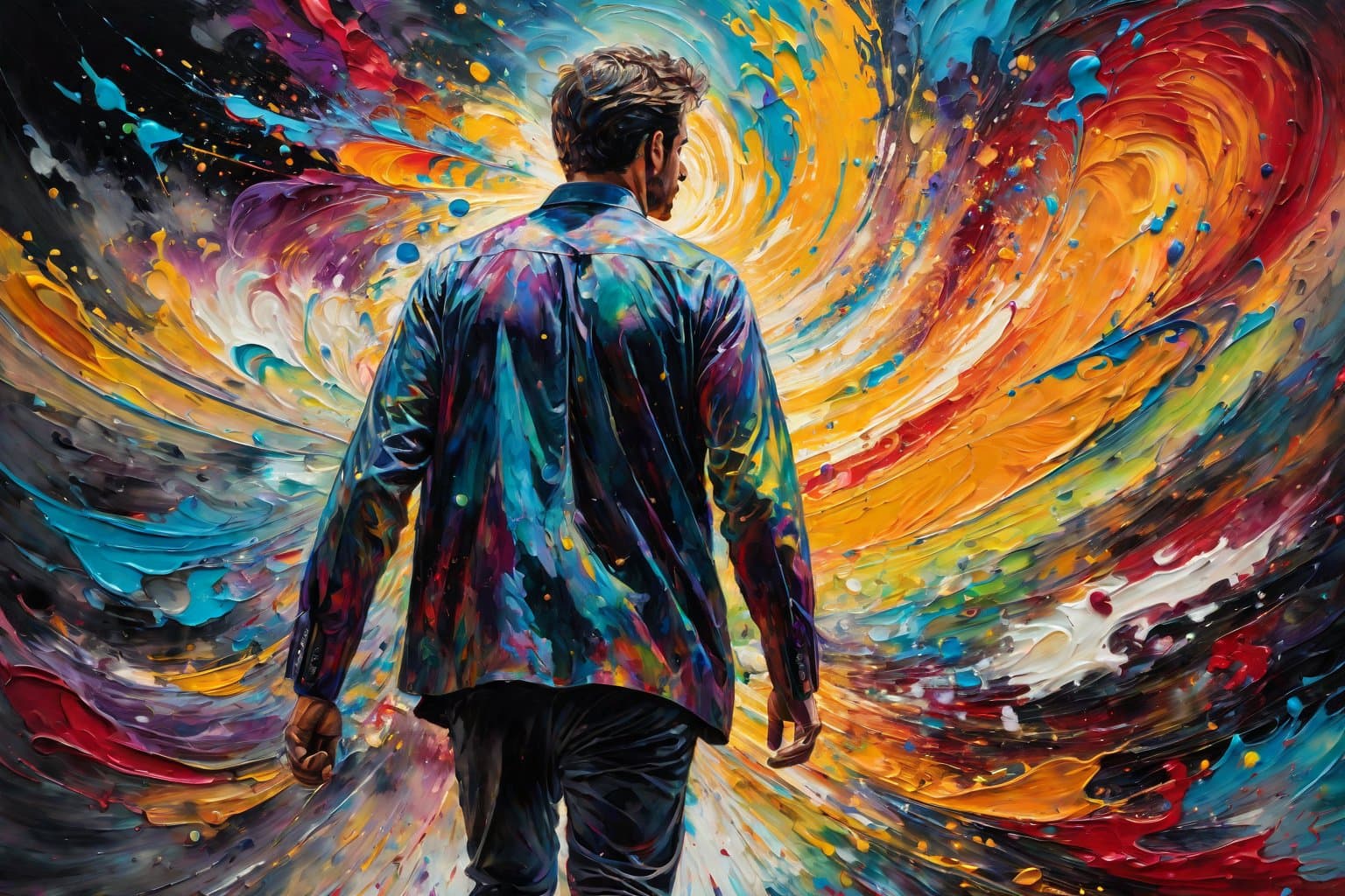 AI generated: extreme detail, 12k, masterpiece, a painterly image of a man walking towards the camera, oil paints,...
