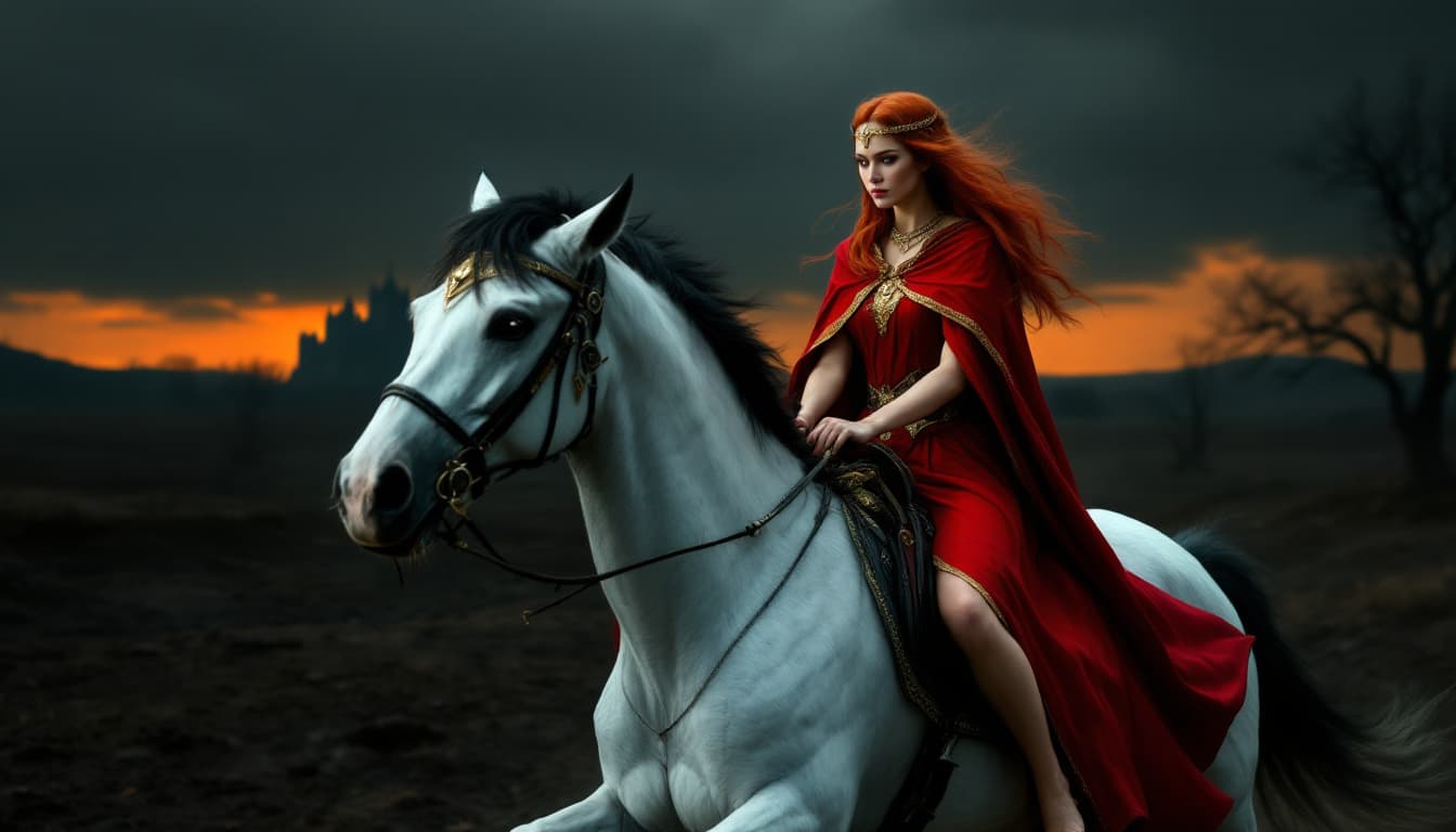 AI generated: a woman in a red cape riding a white horse through a desolate landscape. The woman has long red hair...