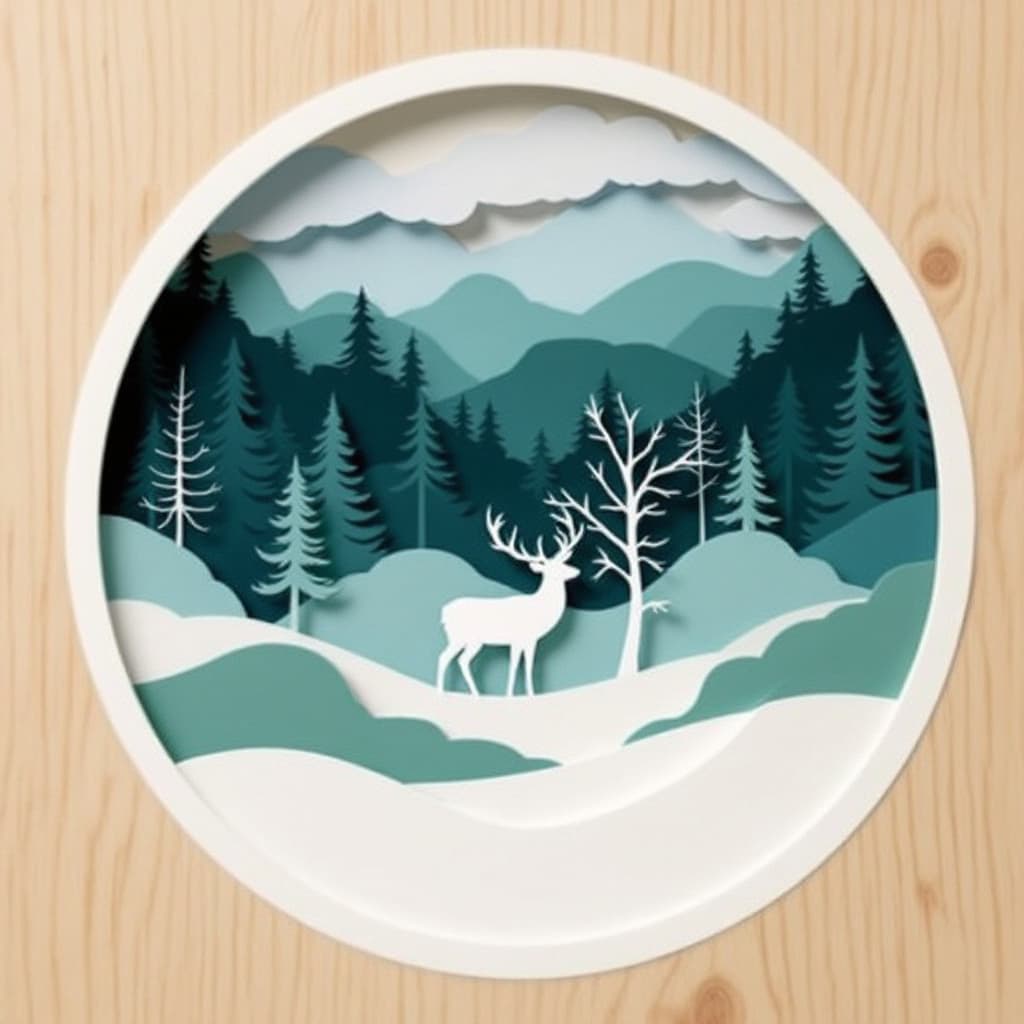AI generated: Circular paper cut-out design;  stylized winter forest scene;  silhouette of a deer centrally locate...