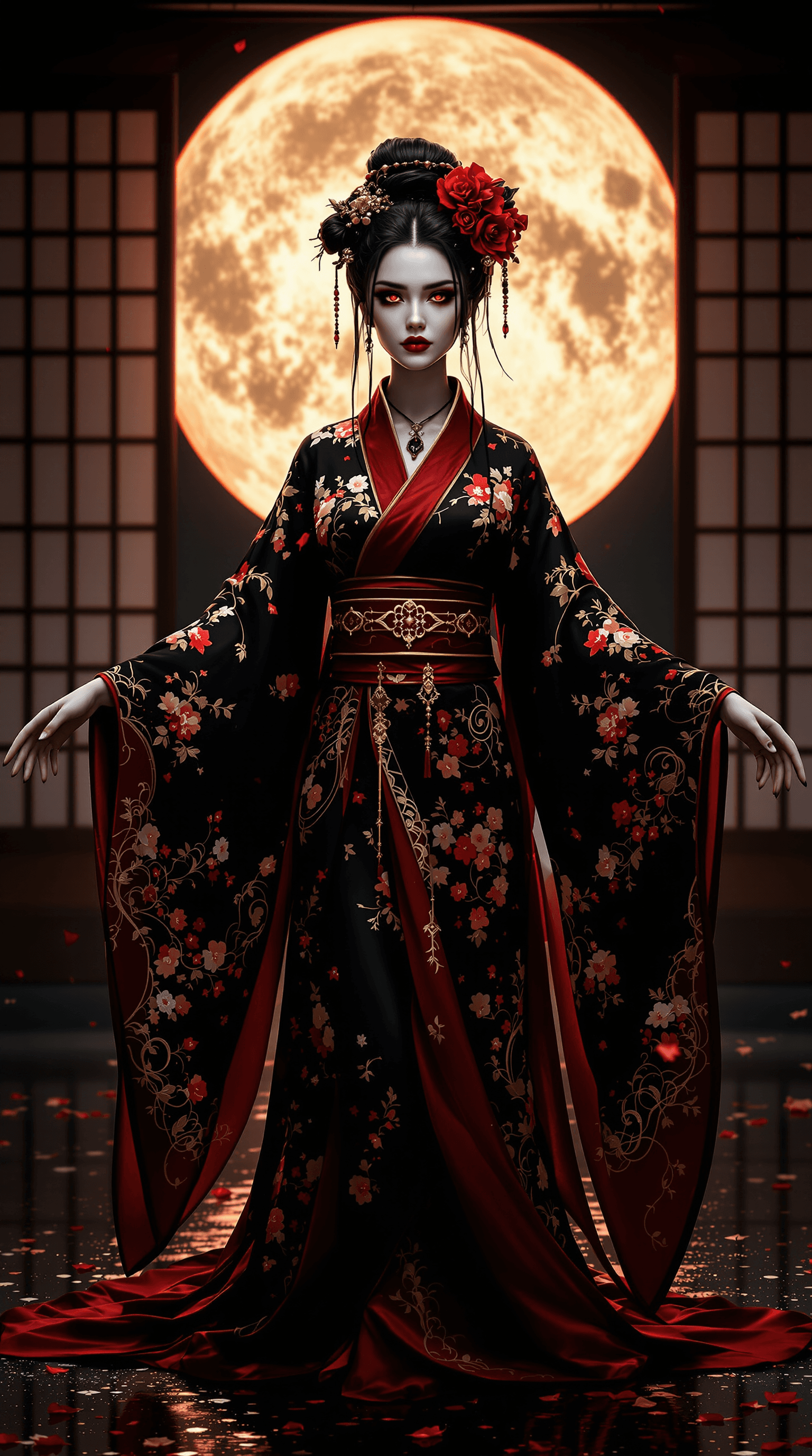 AI generated: A strikingly beautiful woman with a gothic, ethereal presence stands in a dimly lit, traditional Jap...