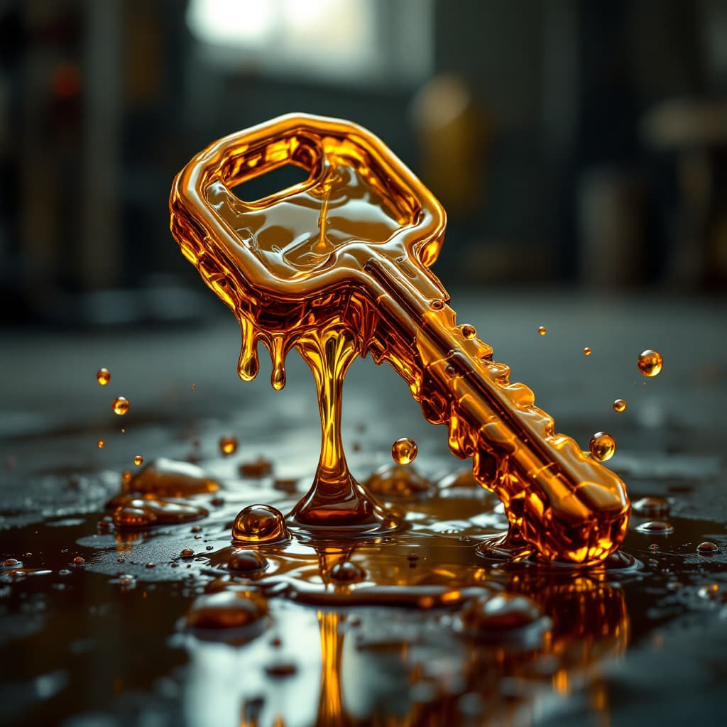 AI generated: A surreal image of a gasoline key, sculpted entirely out of liquid gasoline, with a thick, oily, and...