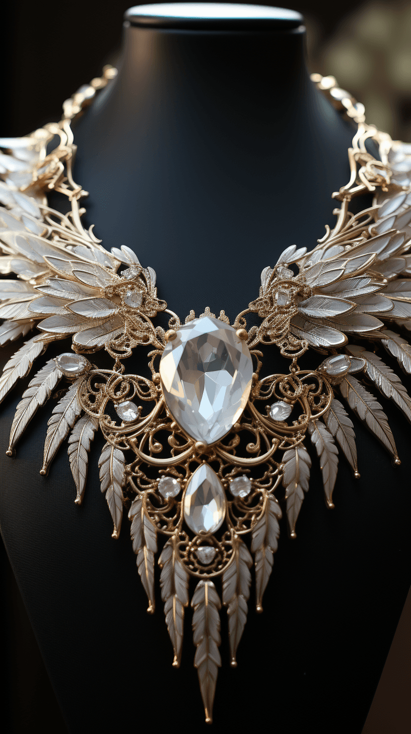 AI generated: dramatic gold, white gold,elegant, crystal quartz, pearl, human angel featured collar style necklace...
