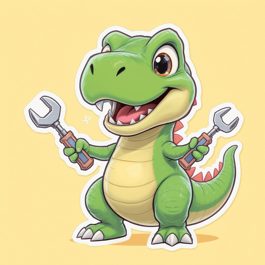 AI generated: Funny, whimsical T-Rex, tiny arms holding a tool that extends hands in each hand, big happy smile, o...