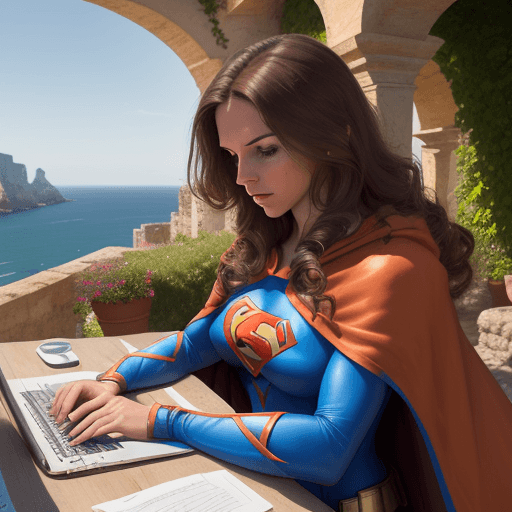 AI generated: Create a detailed image of a superwoman with brown hair, depicted as a female software tester deeply...