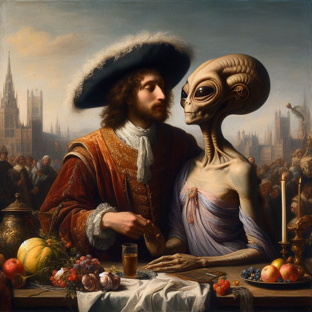 AI generated: A full figure portrait of a romantic meeting in London in the year 1680, ((between a man and an extr...