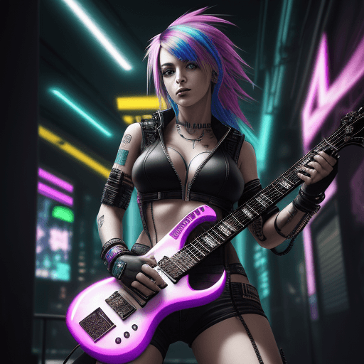 AI generated: High resolution, cyberpunk, female, rock star, electric guitar, colorful hair