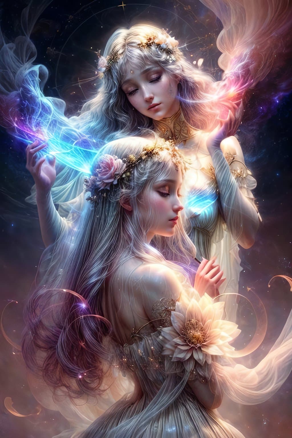 AI generated: raytraced render and digital painting of humans transforming into ethereal modest biological gods we...