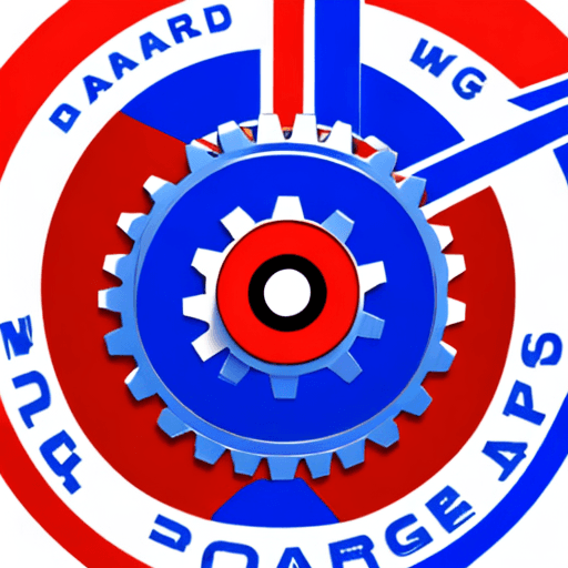 AI generated: logo, WITH blue and red color, man moving a gear.
