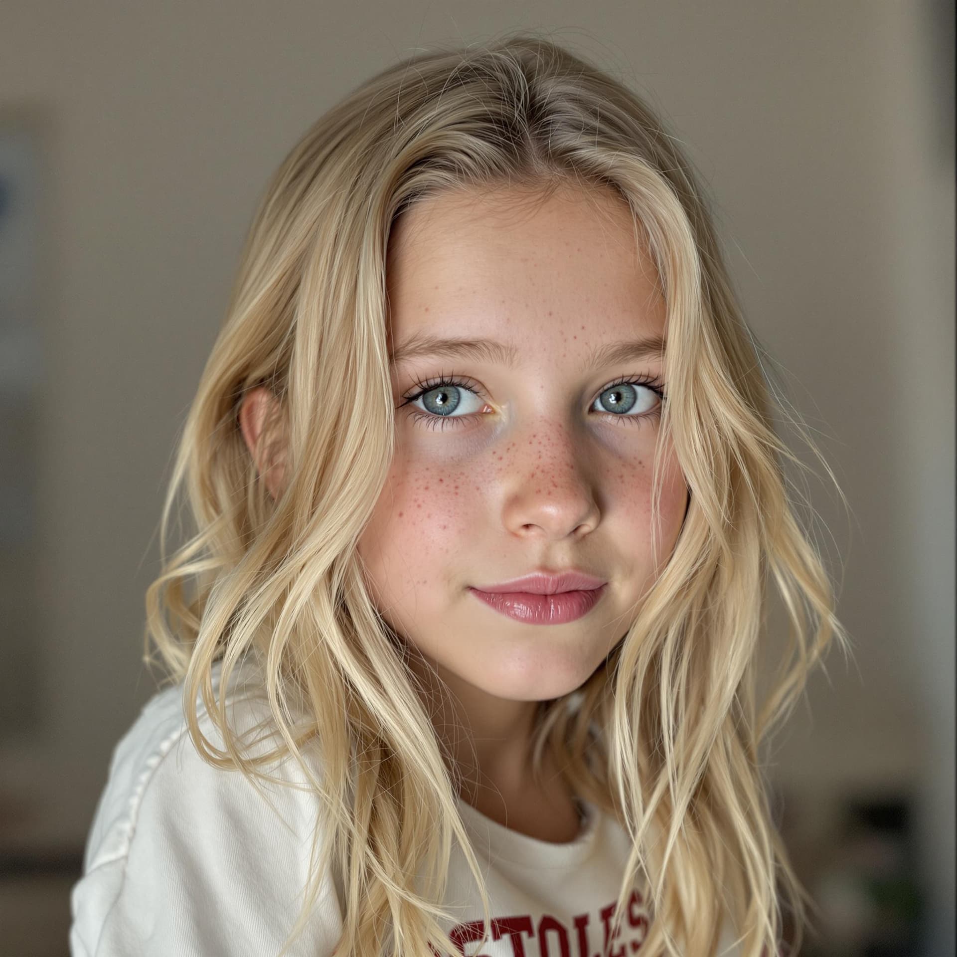 AI generated: 10 years old caucasian girl, blonde, really pretty, with freckles, 