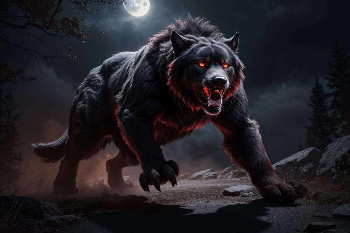 AI generated: werewolf big_muscular, glowing_red_eyes, black_fur running in the moon light

