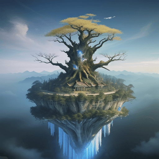 AI generated: mystical Sky Island,,in mid-air,a colossal withered tree,Unveil the secrets hidden in the sky,by chi...