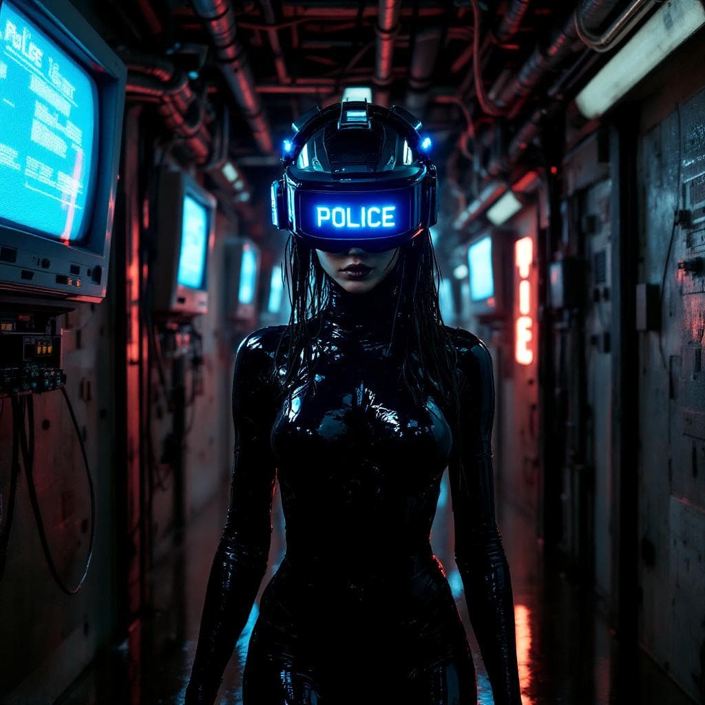 AI generated: 3 quarter angle of a  futuristic cyberpunk humanoid facing the camera  with a sleek black latex body...