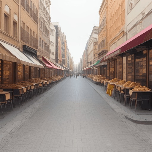 AI generated: a straight street with food on either side. No people on the background