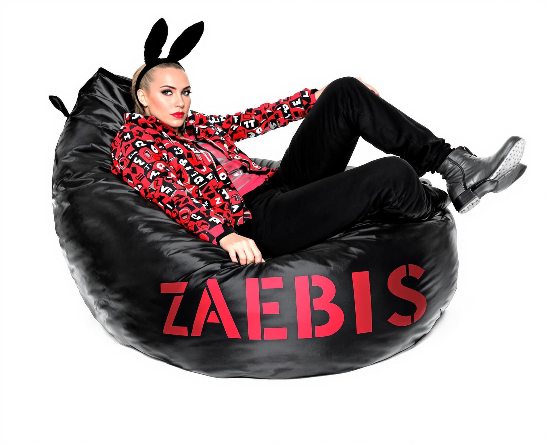 AI generated: The image shows a person sitting on top of a black bean bag chair. The person is wearing a red and b...