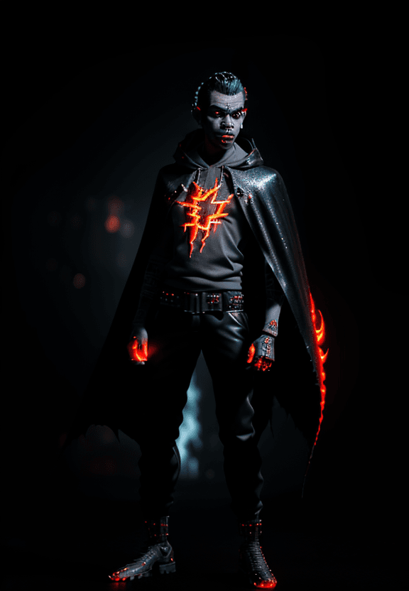 AI generated: Cantinflas, DEVIL FROM HELL , CAPE OF FIRE, perfect proportion, Cyberpunk Edgerunner style, late nig...