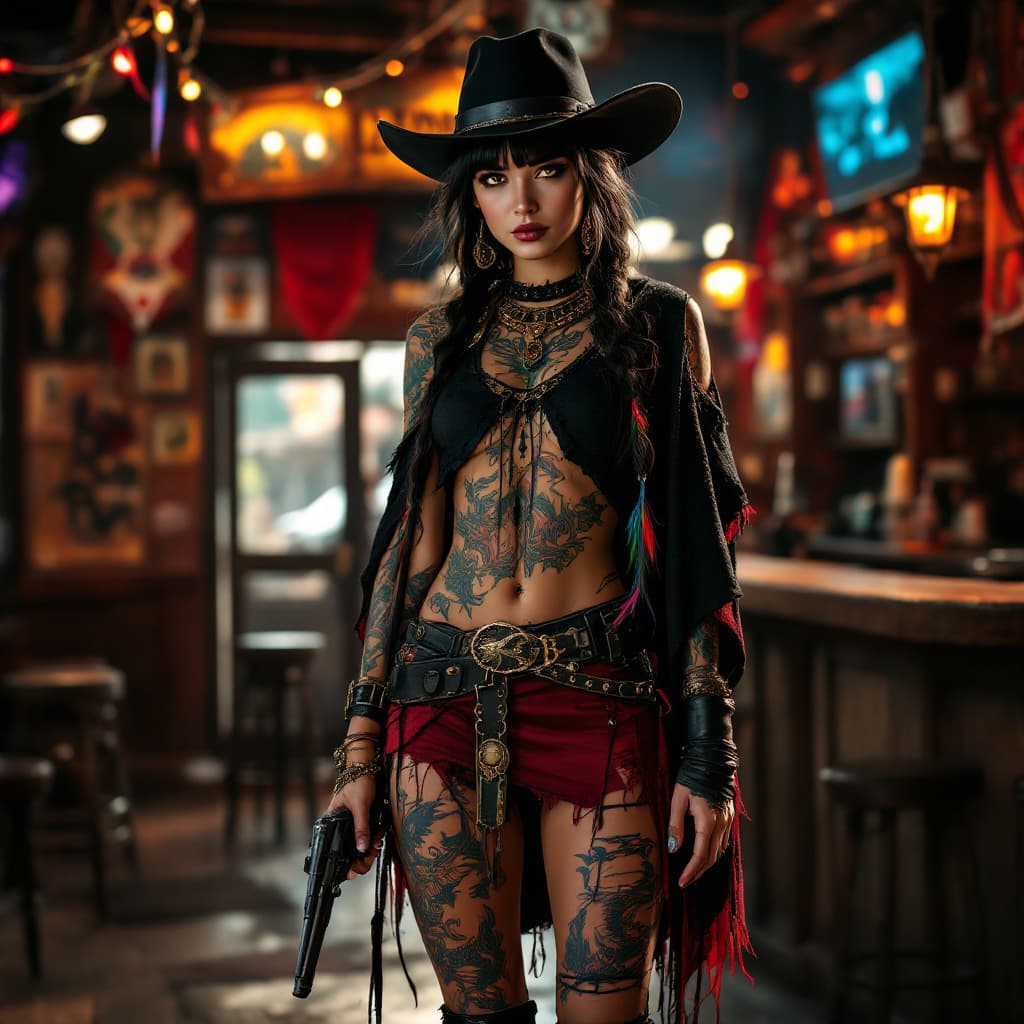 AI generated: Full body photo HD beautiful girl standing in saloon, wearing a black Stetson, black Native American...