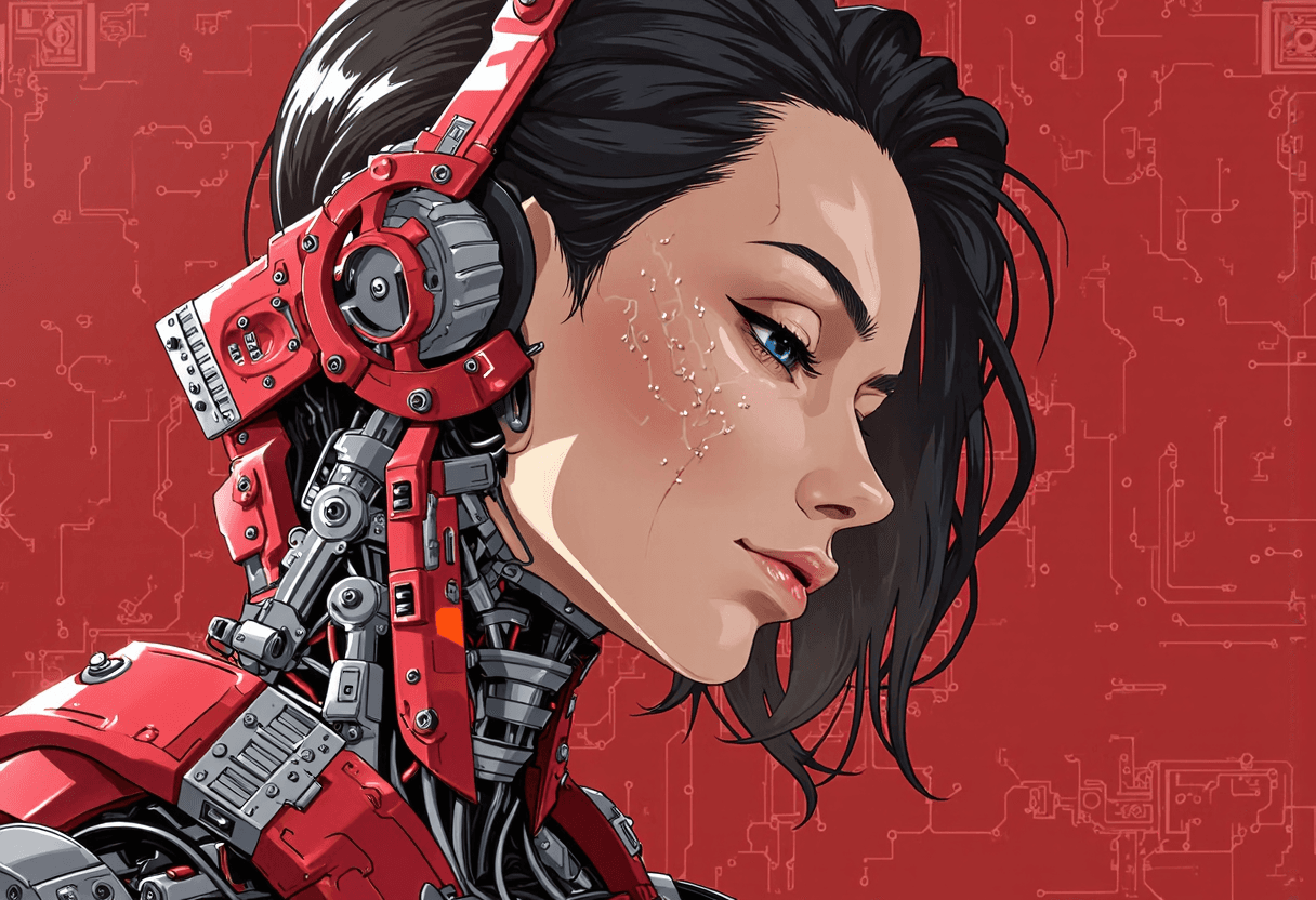 AI generated: (a beautiful woman with robotic features as a closeup shot of the face and neck, with circuitry on h...