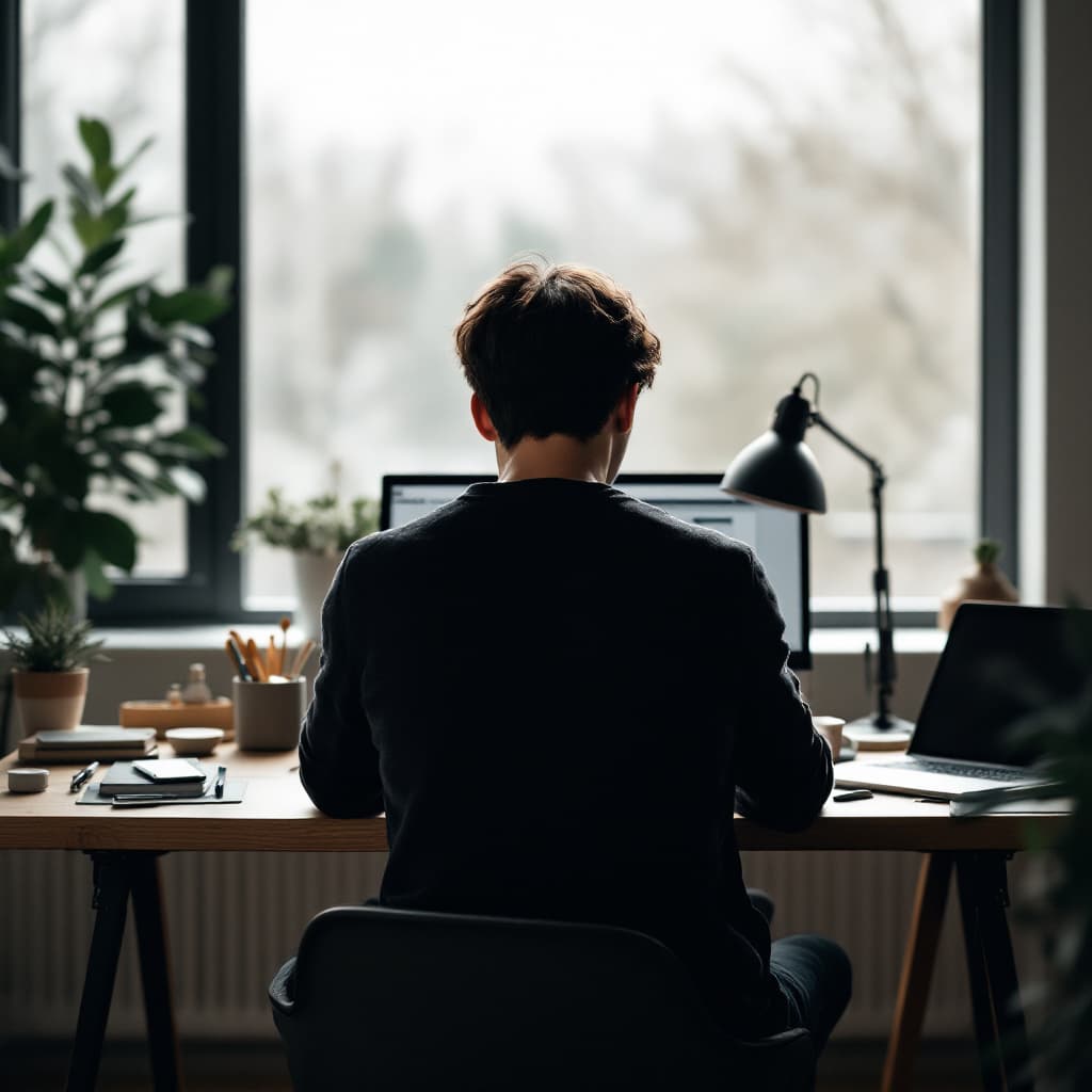 AI generated: modern, minimalist workspace, focused designer korea hansome young man silhouete at a wood desk, sur...