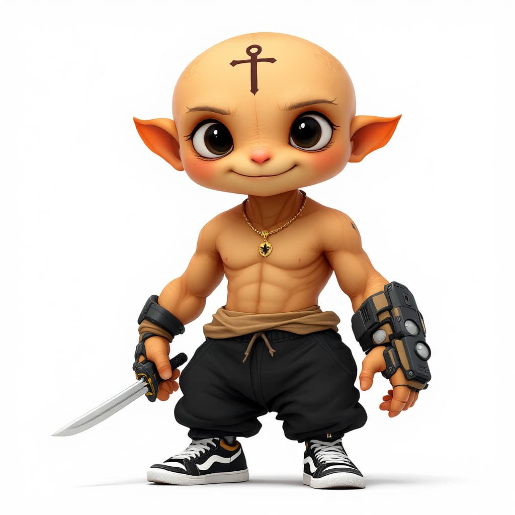 AI generated: A short being, 1.55 meters tall, with warm, tan skin and a calm, gentle expression. The character ha...