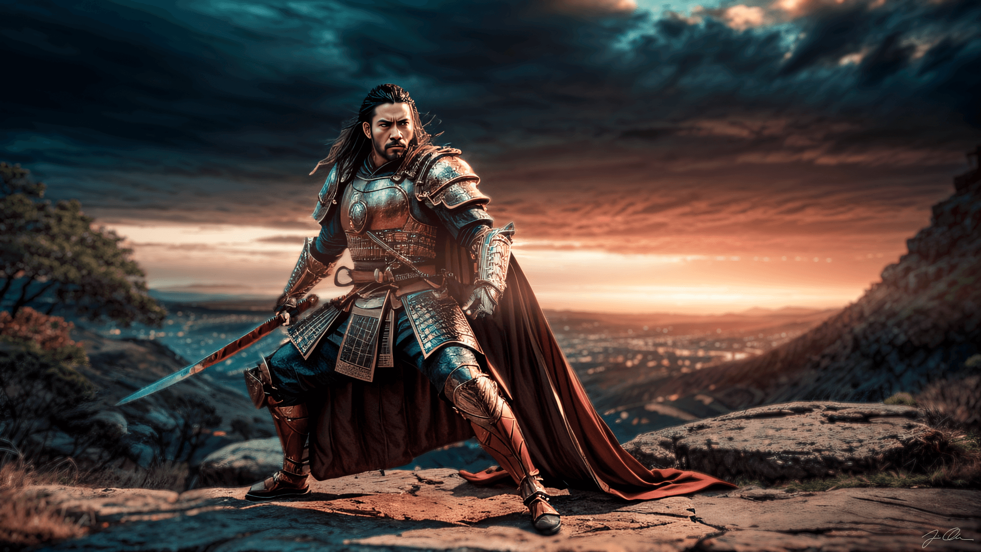 AI generated: a powerful male samurai warrior with a stoic expression and gleaming armor worn at the edges vibrant...