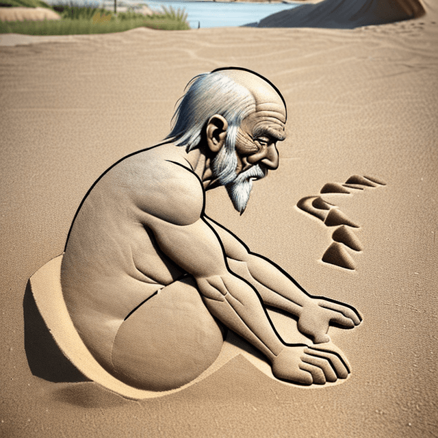 AI generated: side view of a nice, wise, slim, and old prehistoric man drawing on sand near the bank of the river,...