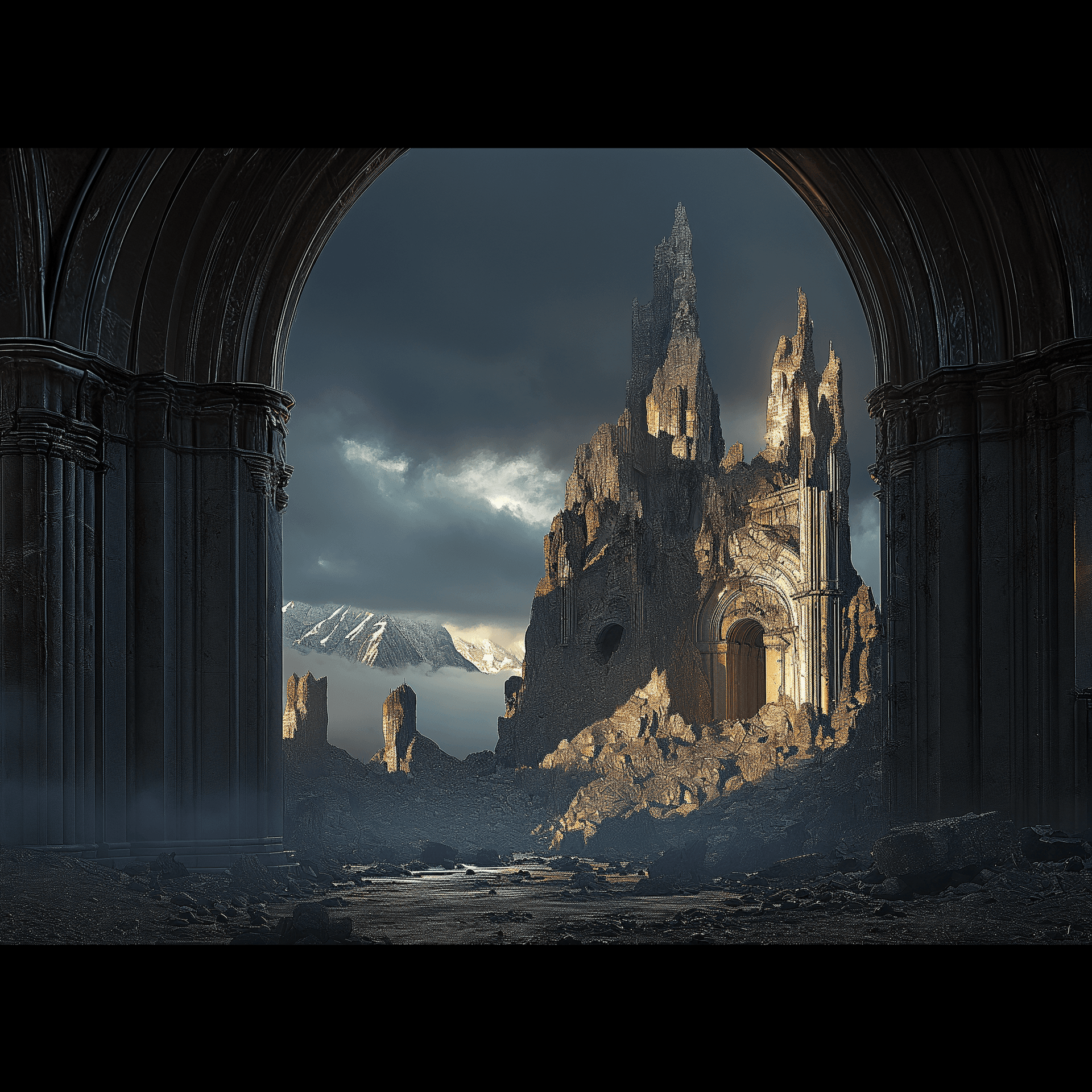 AI generated: Alien ruins, sci fi, soft light, golden ration, far future, sharp focus, studio photo aesthetic, boa...