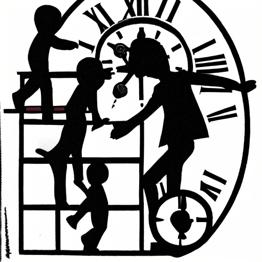 AI generated: tattoo design of a father walking down a ladder hand in hand with his children. with a clock in the ...